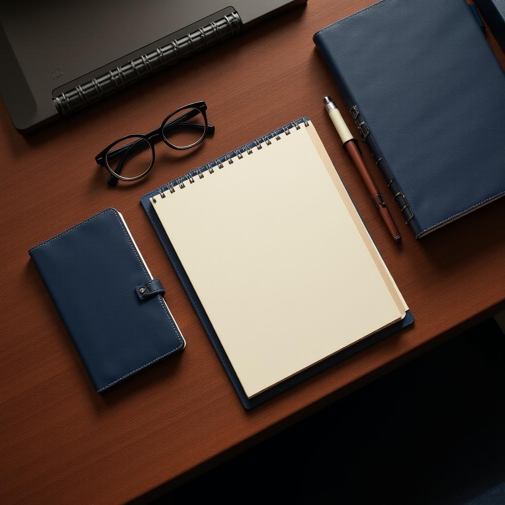 Professional architectural-style overhead view of legal documents and a luxury pen on a dark wood desk