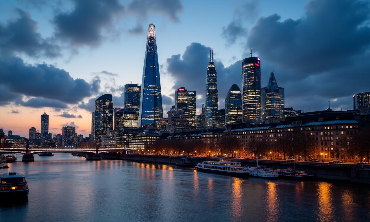 Sophisticated view of the London financial district skyline at dusk