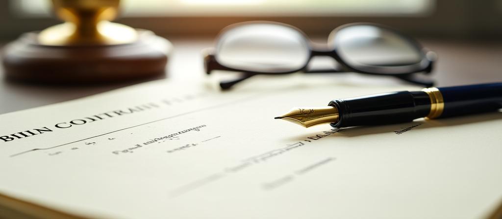 Close up of a legal document with a signature pen and glasses